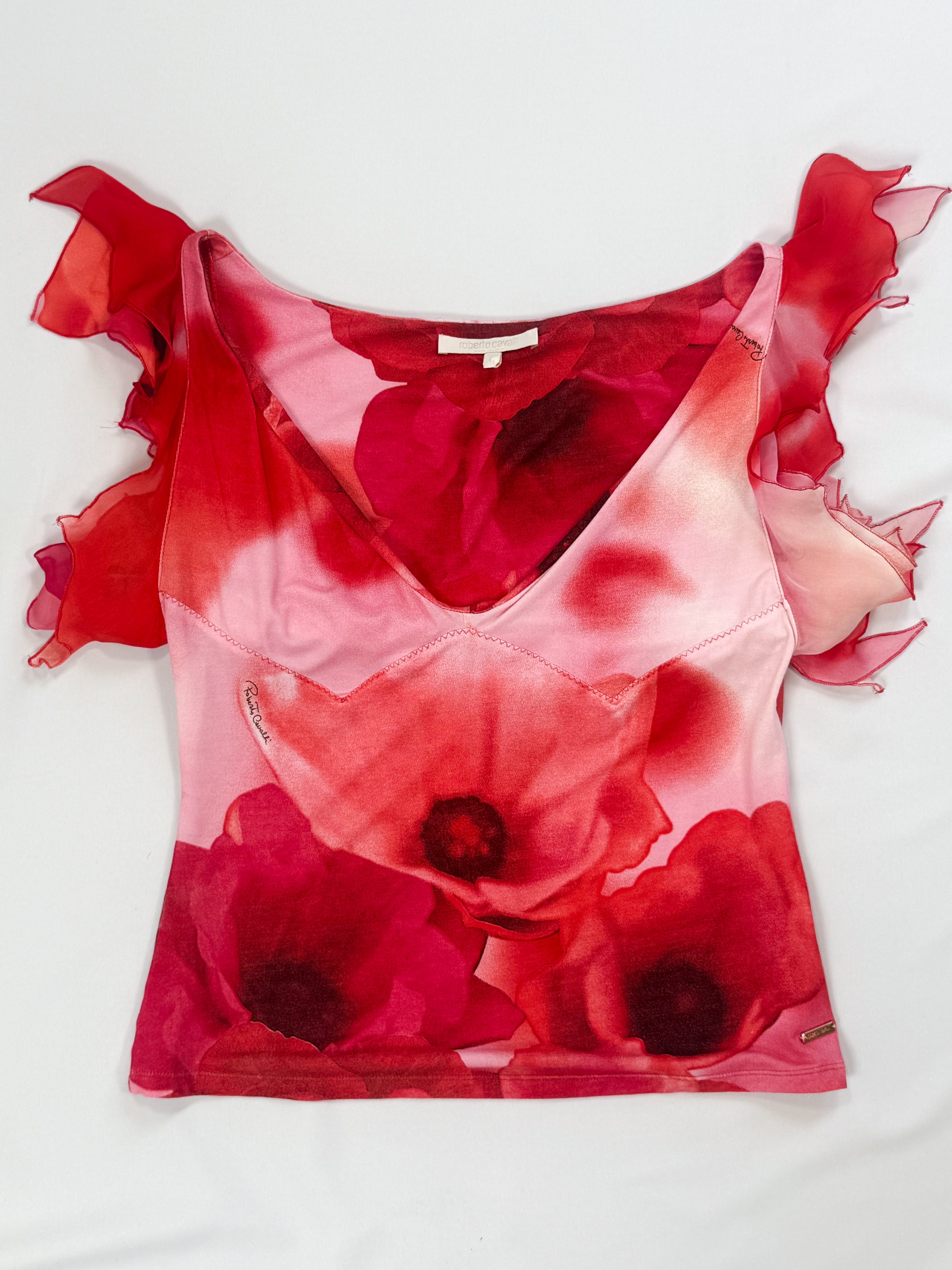 Roberto Cavalli SS 2002 Red Poppy Print Lace-Up Skirt & Ruffle Sleeve Top Set - M/L