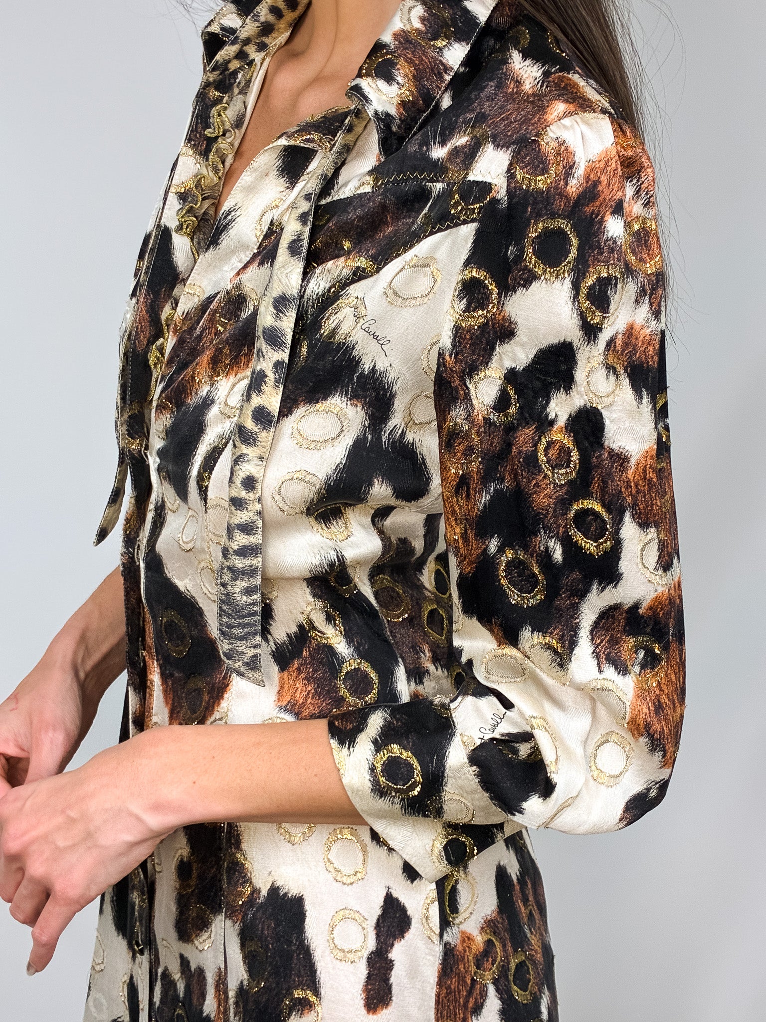 Roberto Cavalli 2000s Cow Print Silk Shirt Dress with Gold Ring Accents - M