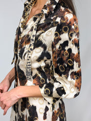 Roberto Cavalli 2000s Cow Print Silk Shirt Dress with Gold Ring Accents - M