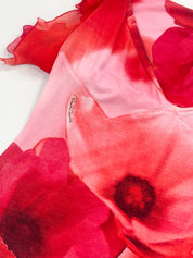 Roberto Cavalli SS 2002 Red Poppy Print Lace-Up Skirt & Ruffle Sleeve Top Set - M/L