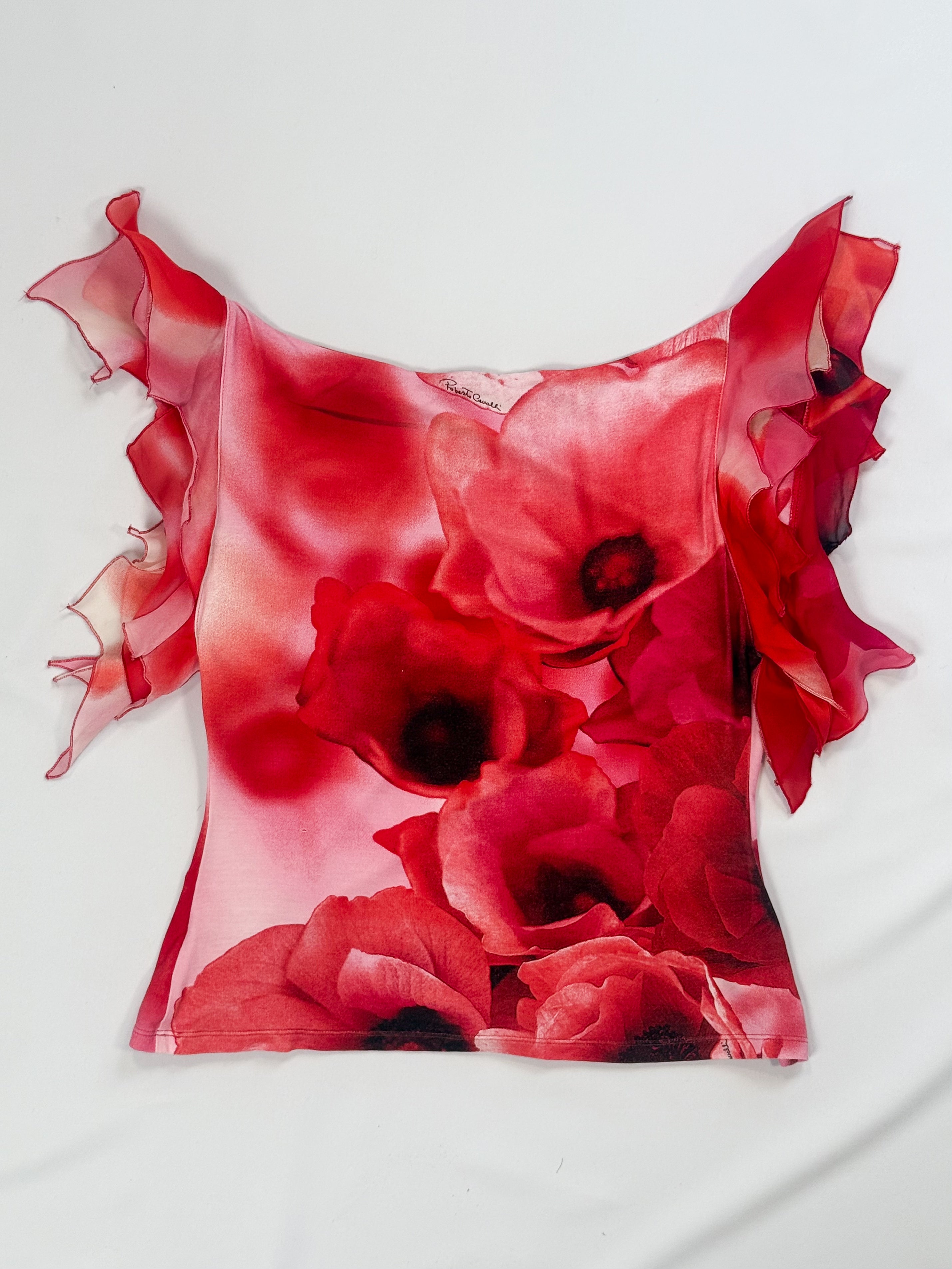 Roberto Cavalli SS 2002 Red Poppy Print Lace-Up Skirt & Ruffle Sleeve Top Set - M/L