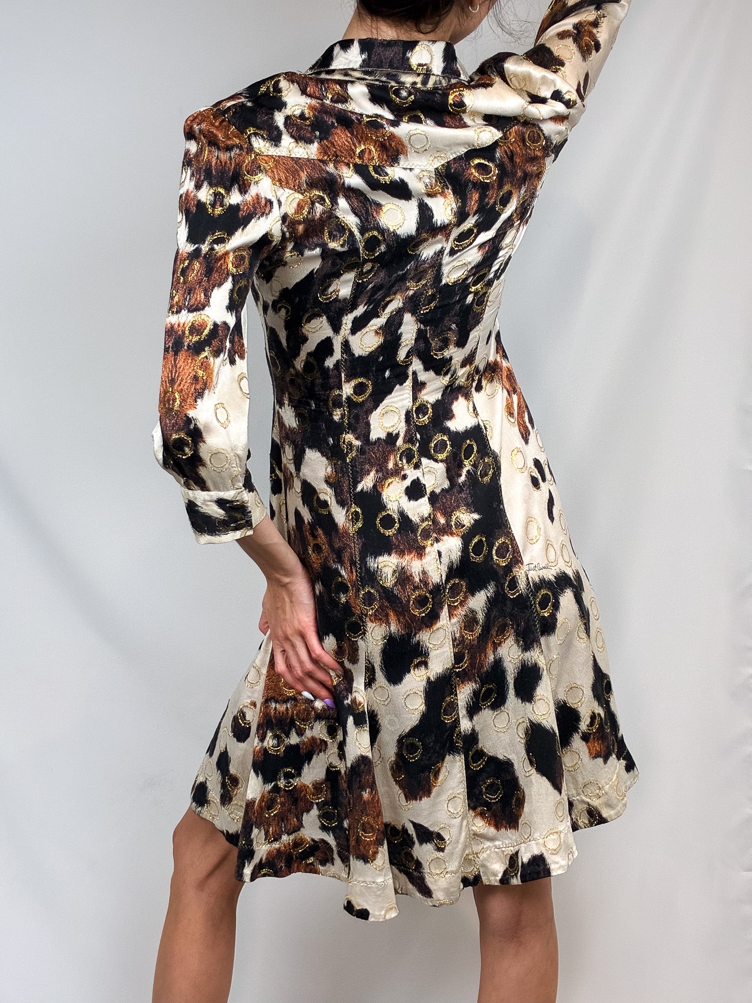 Roberto Cavalli 2000s Cow Print Silk Shirt Dress with Gold Ring Accents - M