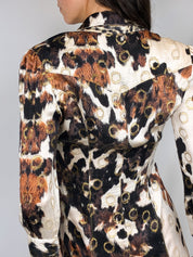 Roberto Cavalli 2000s Cow Print Silk Shirt Dress with Gold Ring Accents - M