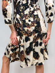 Roberto Cavalli 2000s Cow Print Silk Shirt Dress with Gold Ring Accents - M