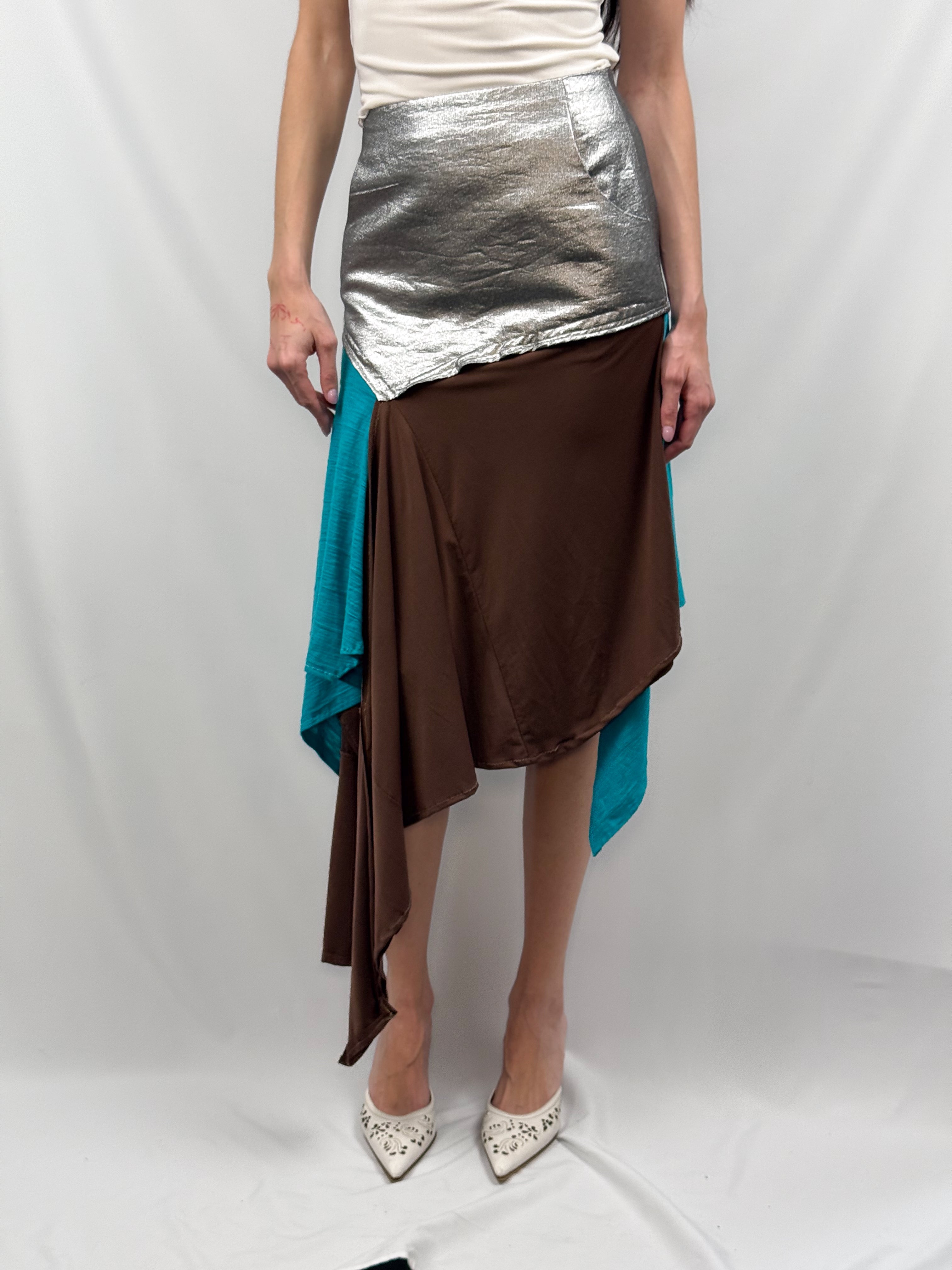 2000s Silver Metallic Lame and Handkerchief Hem Midi Skirt - S/M