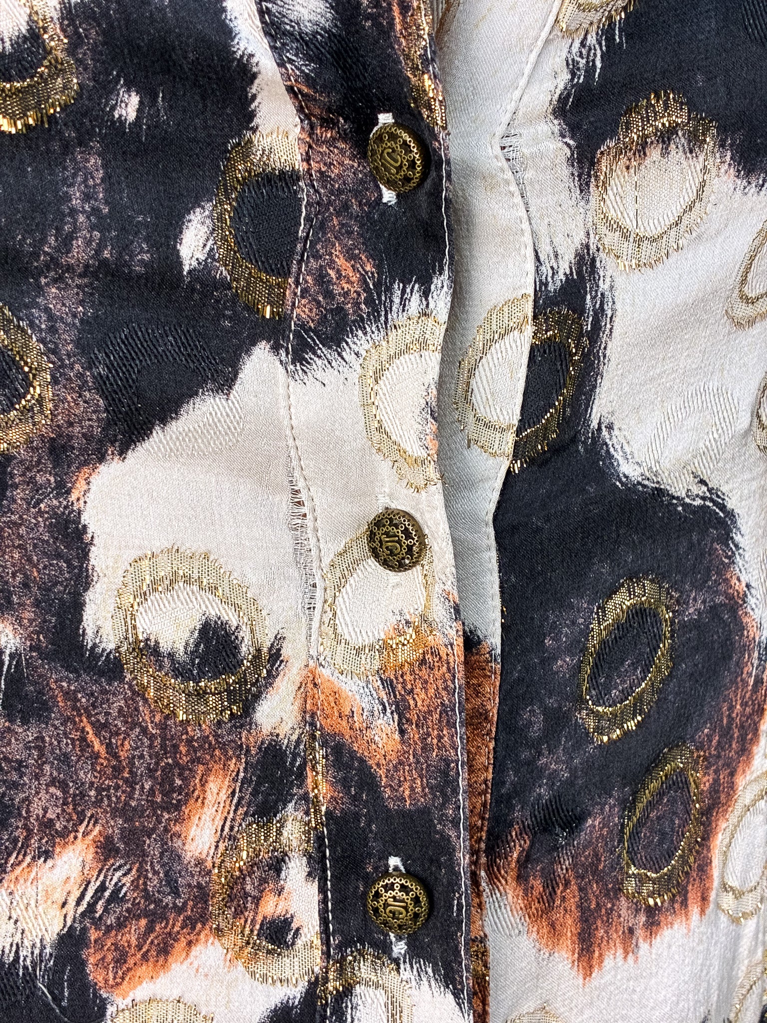 Roberto Cavalli 2000s Cow Print Silk Shirt Dress with Gold Ring Accents - M