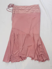 Class Roberto Cavalli 2000s Pink Lace-Up Corset Top & Skirt Set with Tiger Print Trim - L