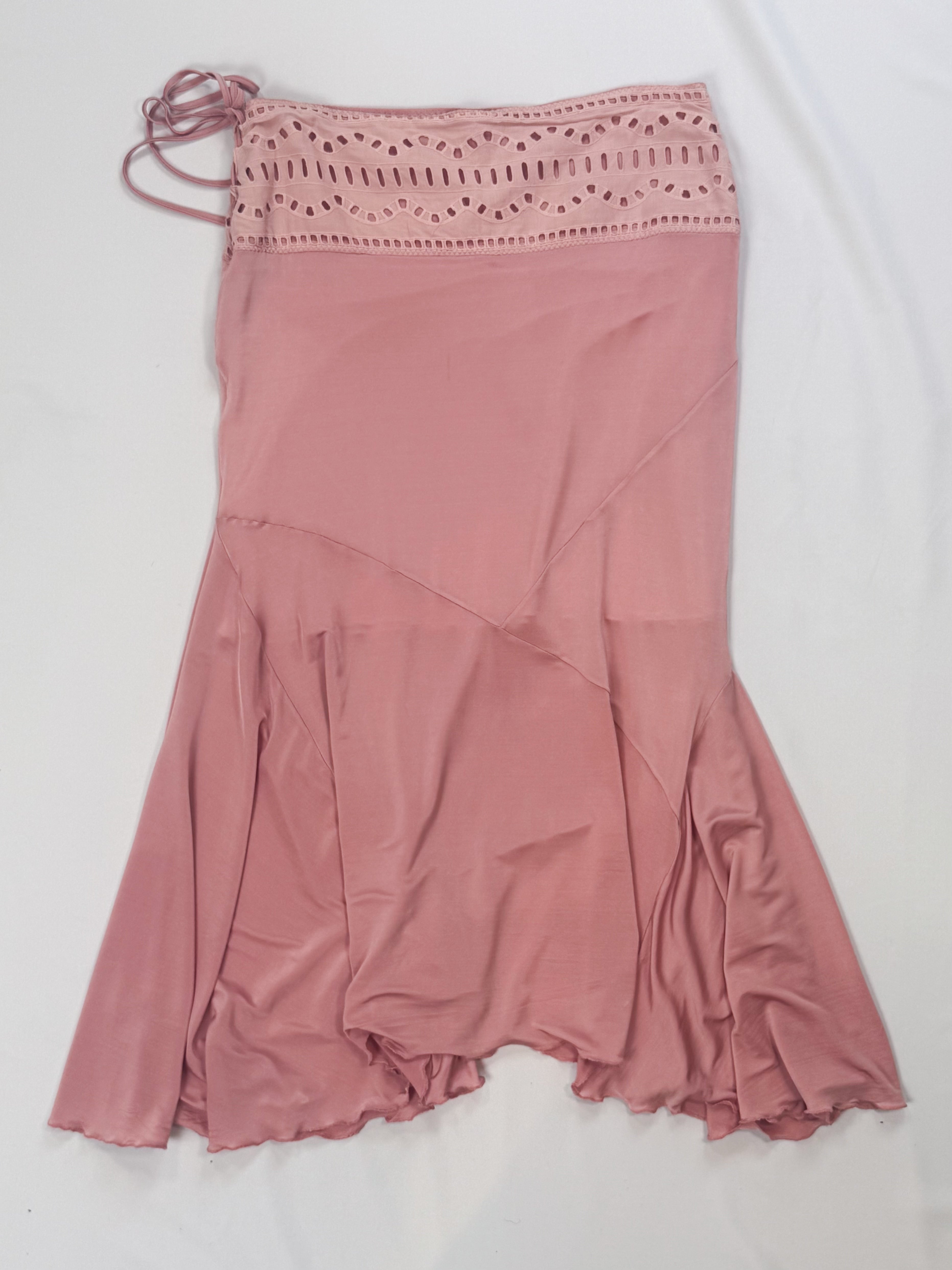 Class Roberto Cavalli 2000s Pink Lace-Up Corset Top & Skirt Set with Tiger Print Trim - L
