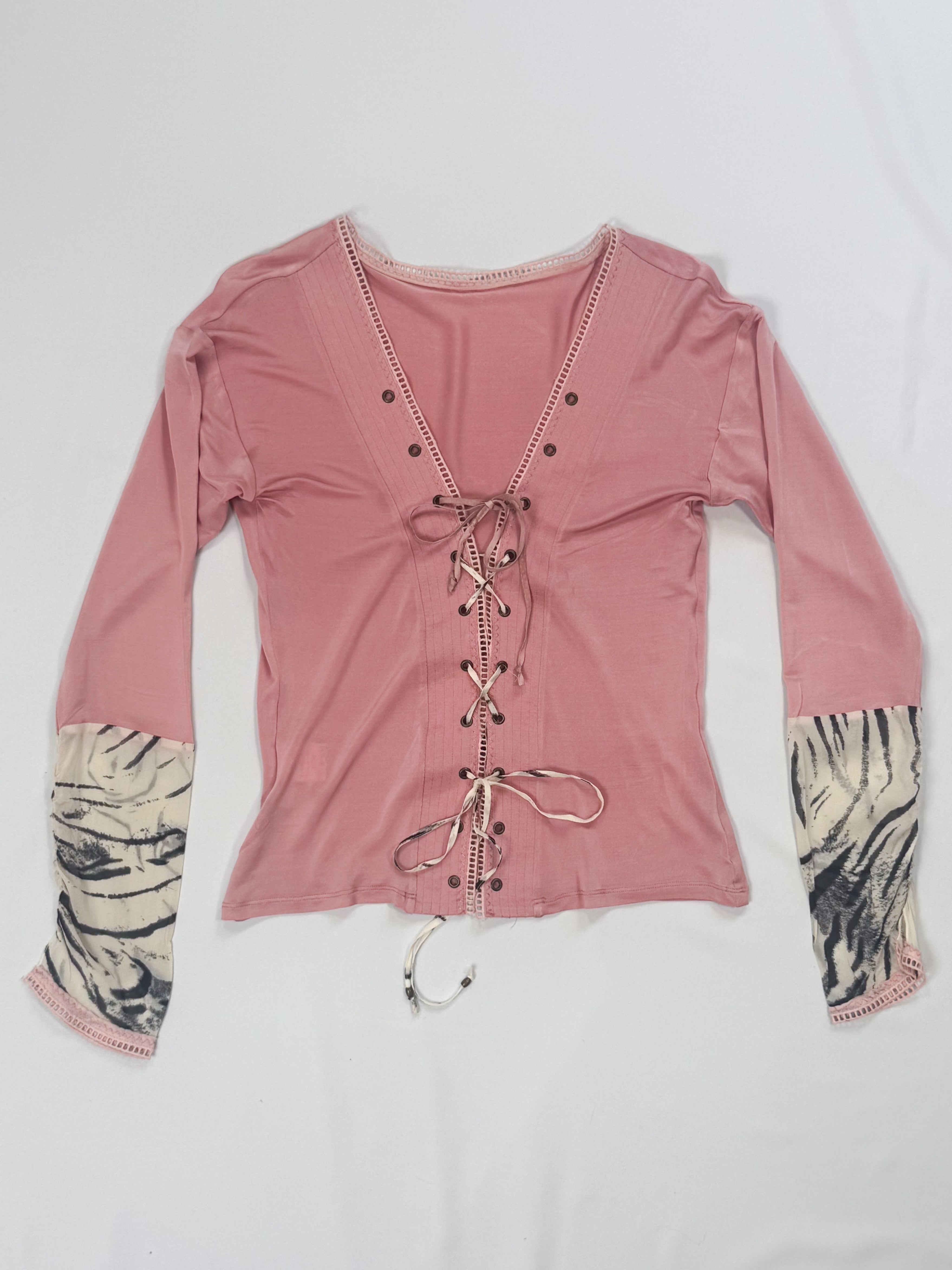 Class Roberto Cavalli 2000s Pink Lace-Up Corset Top & Skirt Set with Tiger Print Trim - L