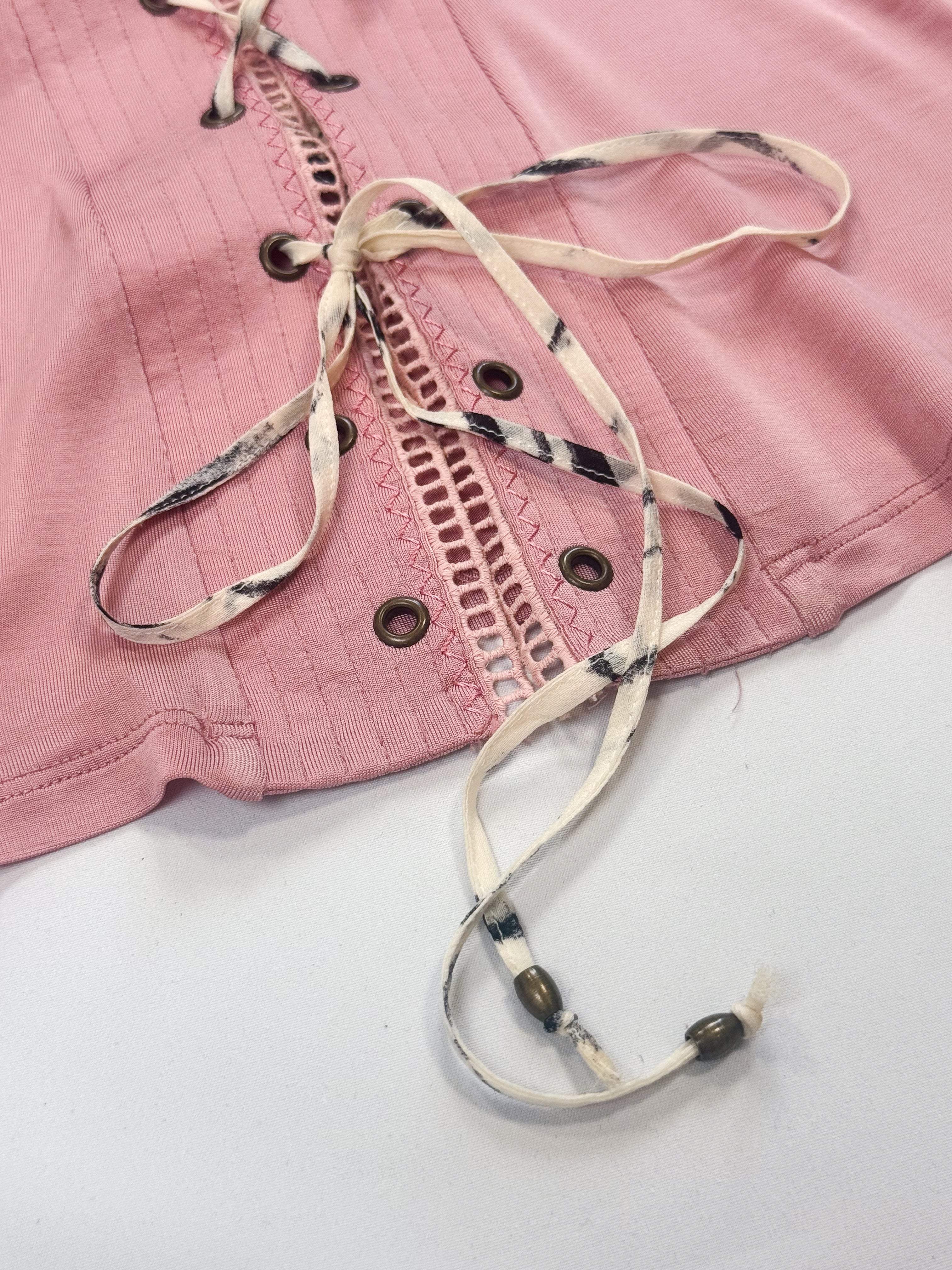 Class Roberto Cavalli 2000s Pink Lace-Up Corset Top & Skirt Set with Tiger Print Trim - L