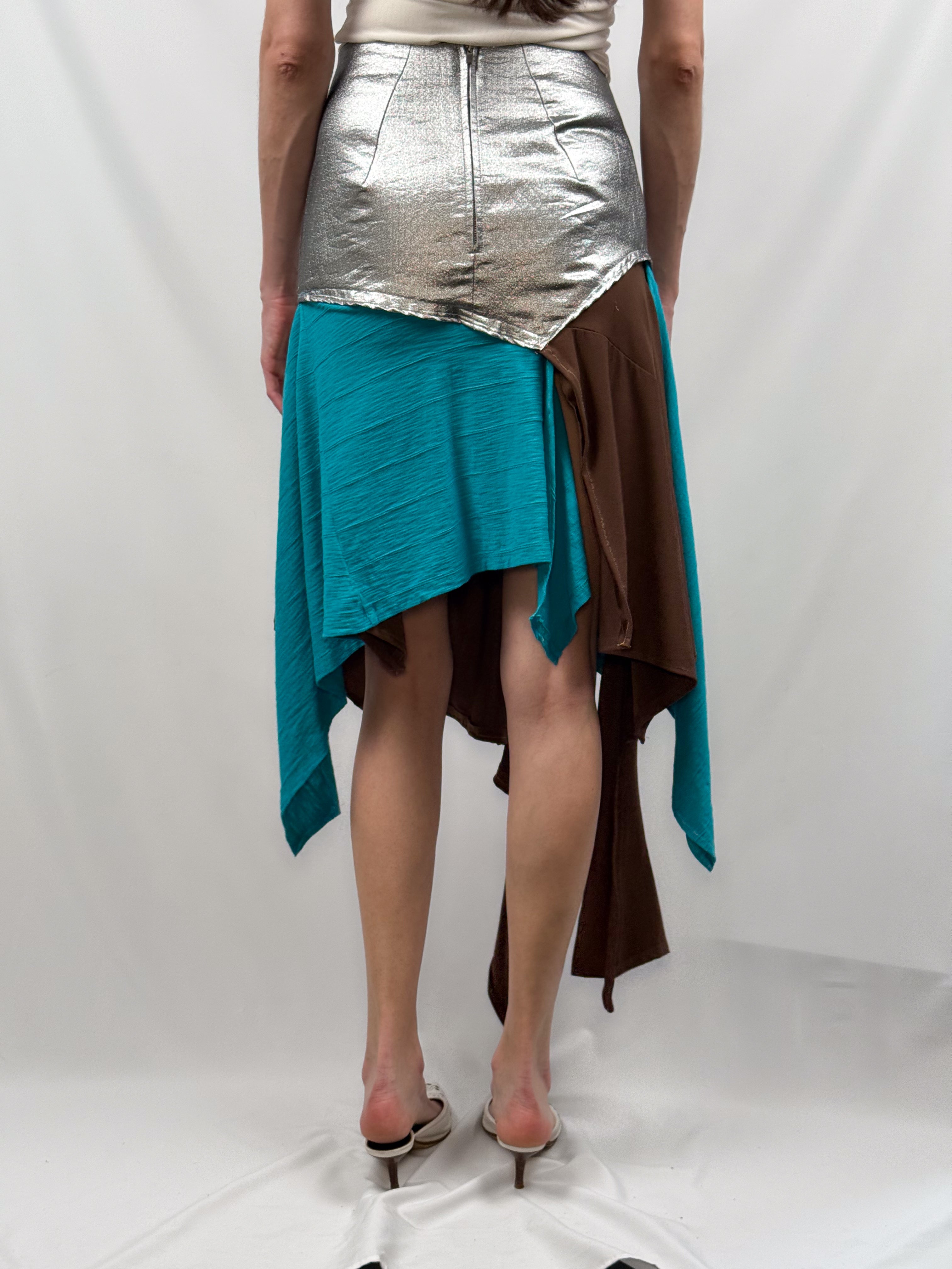 2000s Silver Metallic Lame and Handkerchief Hem Midi Skirt - S/M
