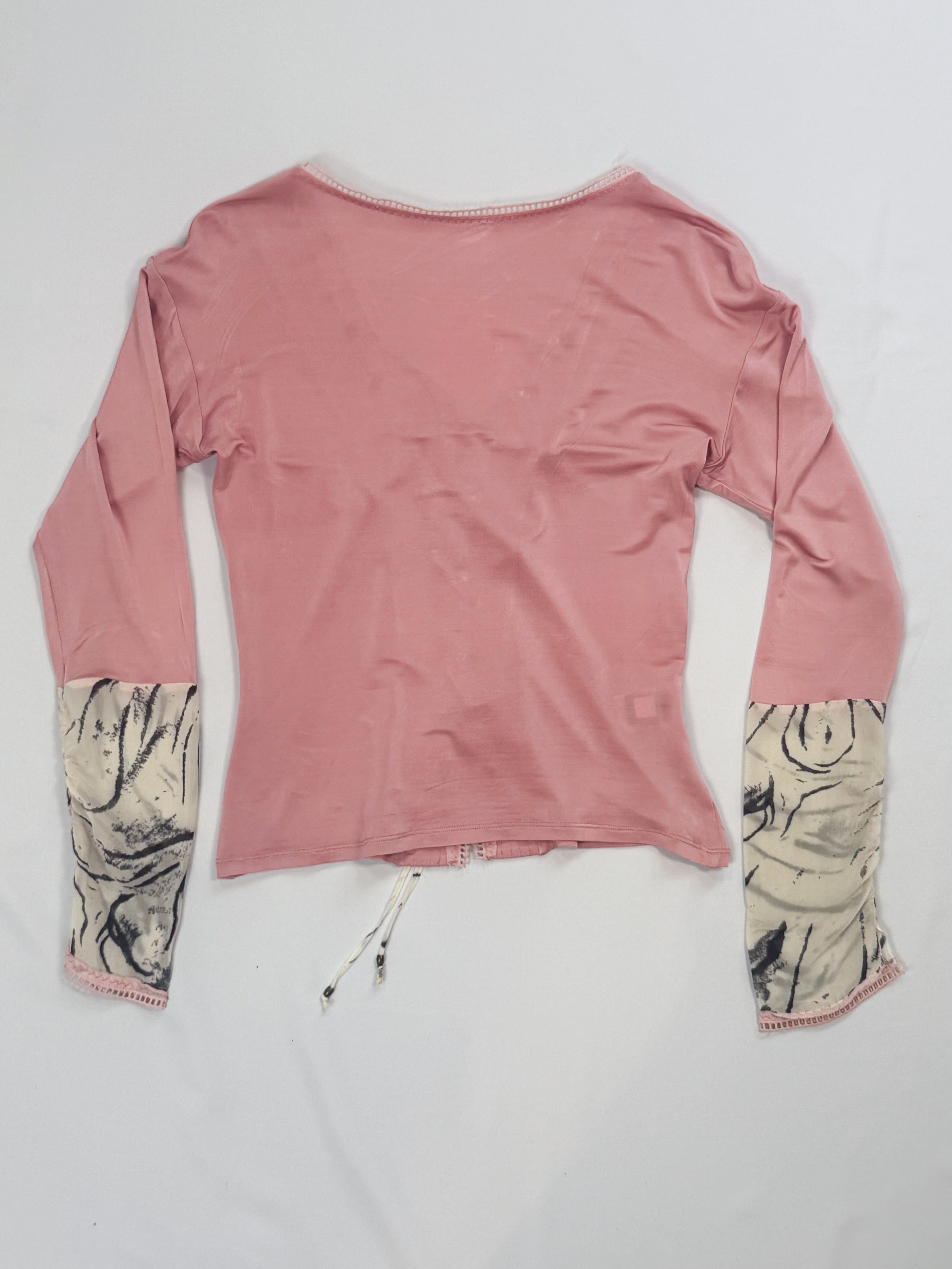 Class Roberto Cavalli 2000s Pink Lace-Up Corset Top & Skirt Set with Tiger Print Trim - L