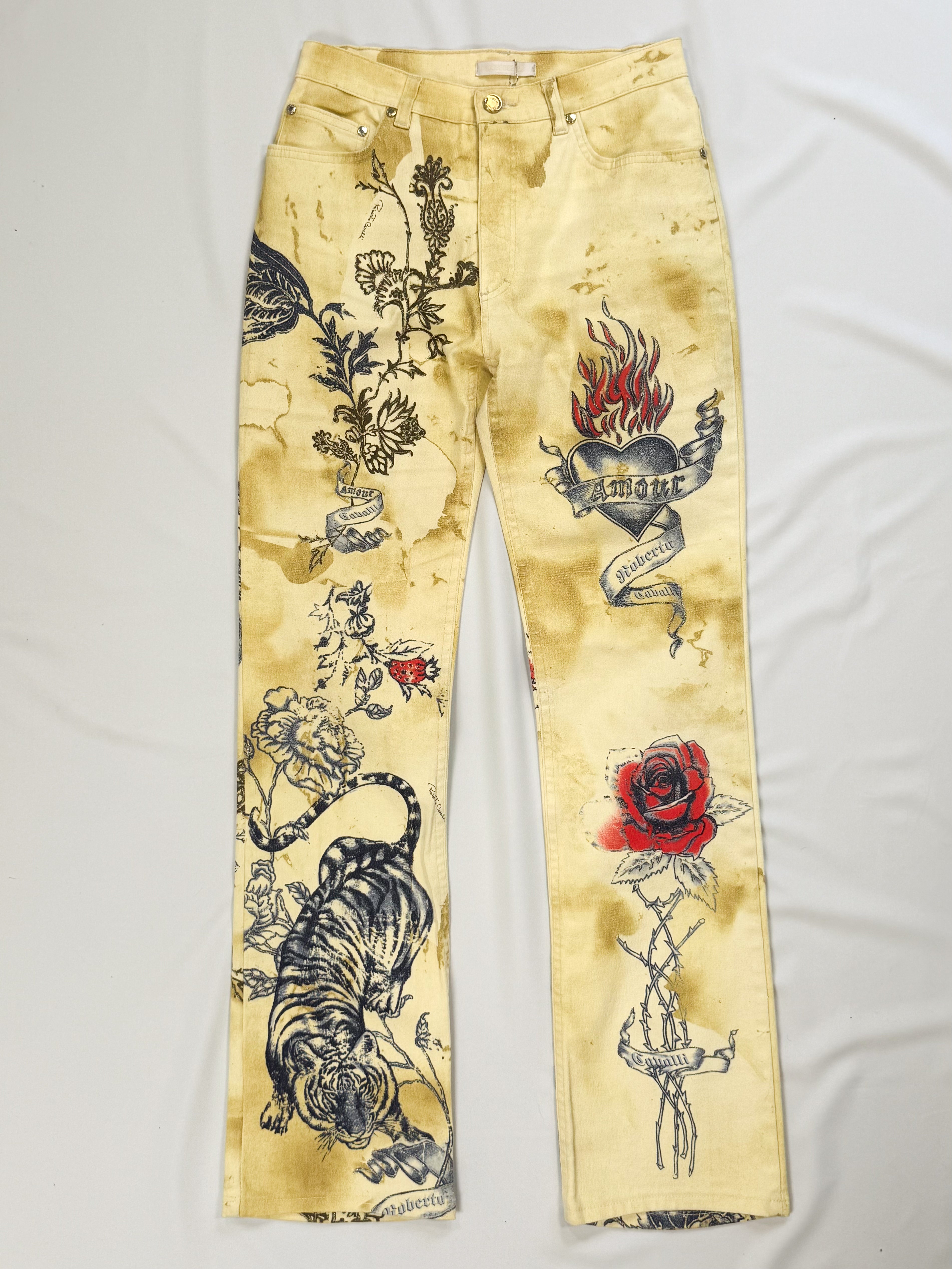 Roberto Cavalli SS2003 Tiger & Amour Tattoo Print Jeans  - W26