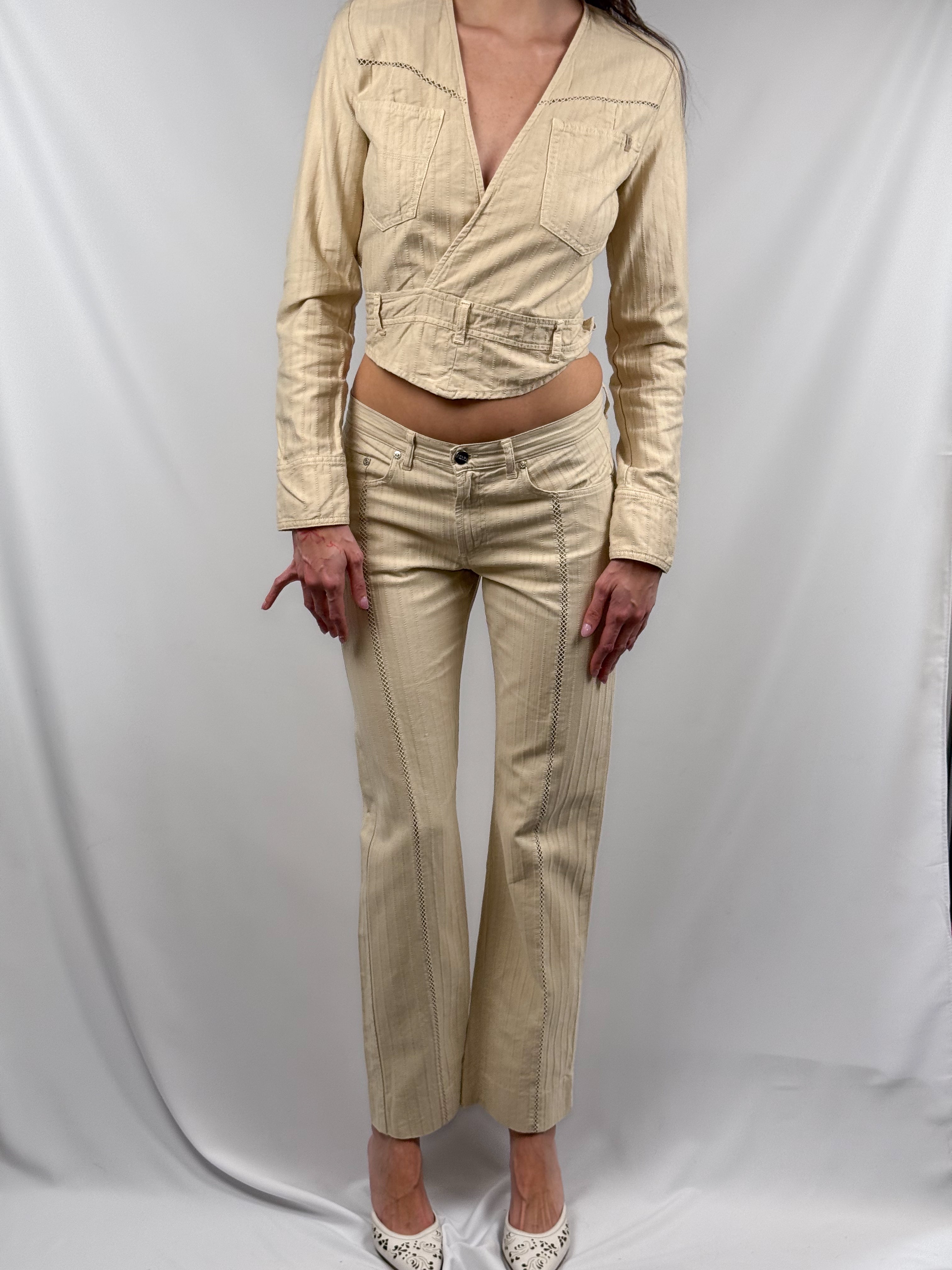iFerré 2000s Cream Eyelet Cotton-Hemp Crop Top and Flare Pants Set - M, W29