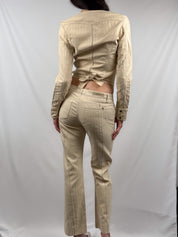 iFerré 2000s Cream Eyelet Cotton-Hemp Crop Top and Flare Pants Set - M, W29