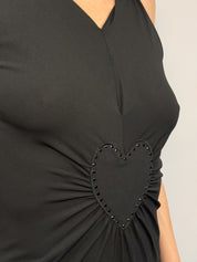 Moschino Jeans 2000s Black Rhinestone Heart Ruched Midi Dress - S/M