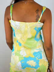 2000s Green Floral Silk Maxi Dress - S