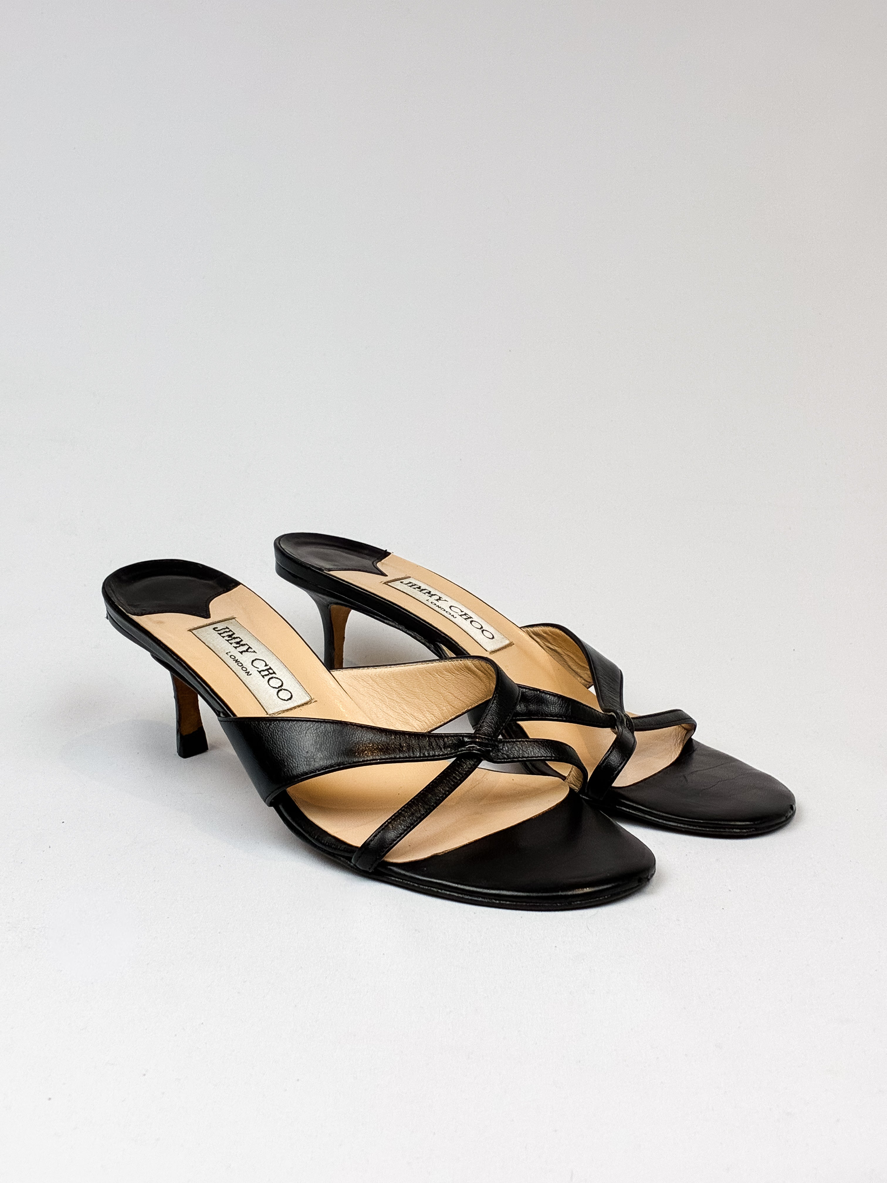 Jimmy Choo 2000s Black Leather Strappy Kitten Heel Mules - EU 37.5