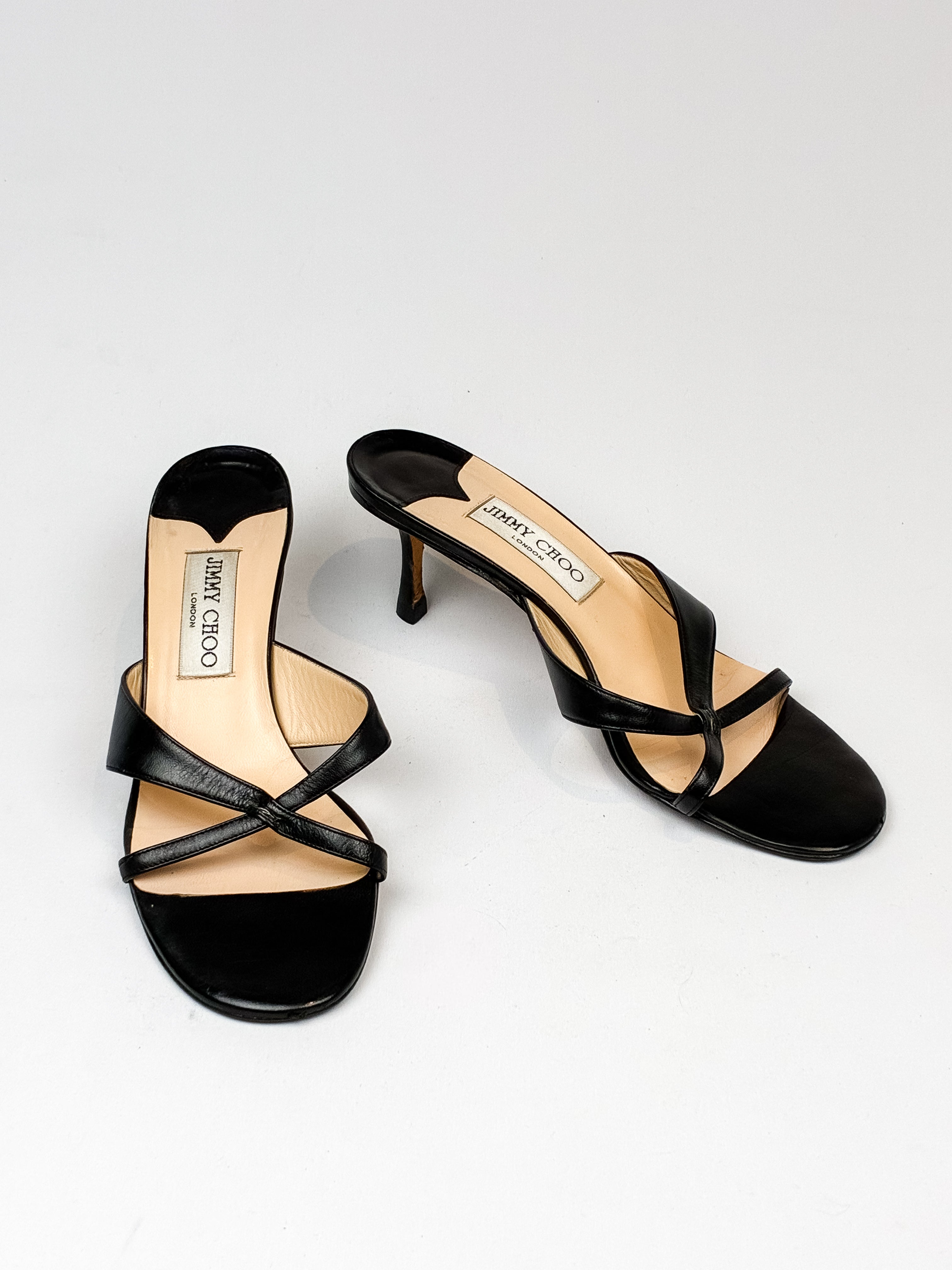 Jimmy Choo 2000s Black Leather Strappy Kitten Heel Mules - EU 37.5