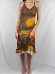 Beatrice .b 2000s Brown Sunset Lily Print Silk Halter Midi Dress - S/M