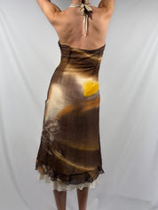 Beatrice .b 2000s Brown Sunset Lily Print Silk Halter Midi Dress - S/M