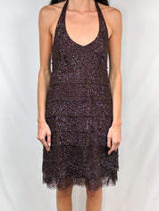 Tintoretto Burgundy Beaded Sequin Halter Dress - L