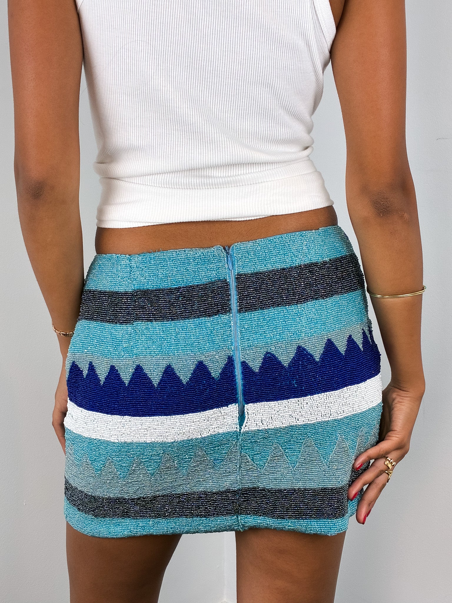 INCA by Stephanie Hirsch 2000s Turquoise Chevron Glass Beaded Mini Skirt - As Is - S