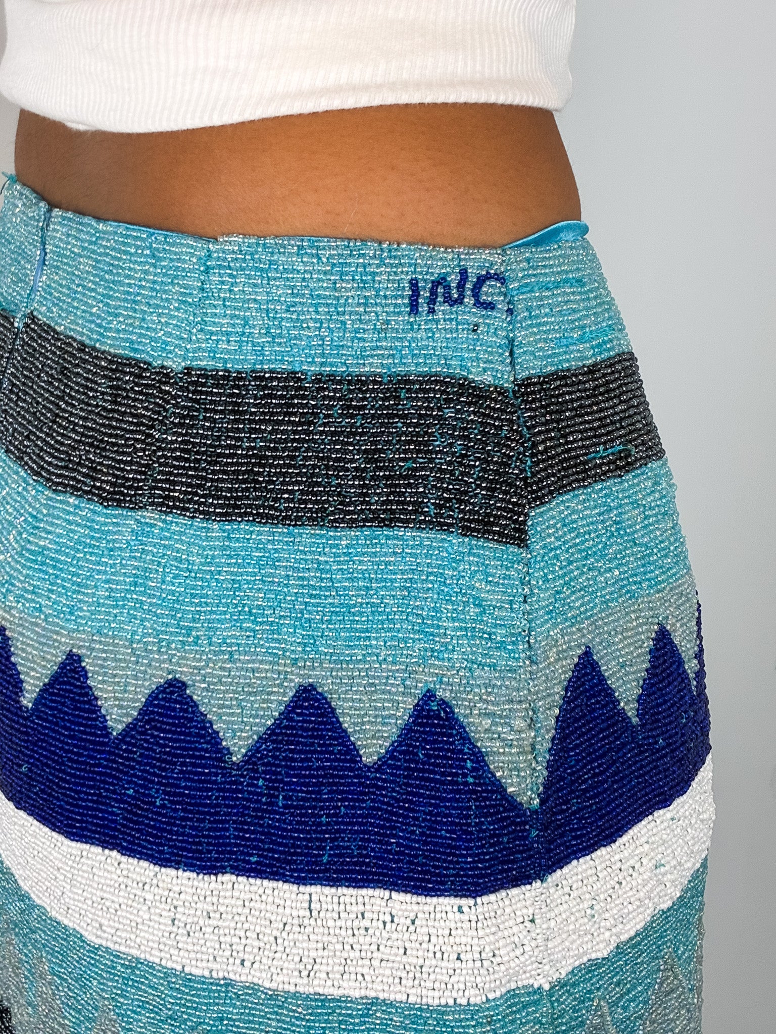 INCA by Stephanie Hirsch 2000s Turquoise Chevron Glass Beaded Mini Skirt - As Is - S
