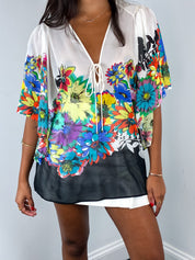 Roberto Cavalli 2010s Pop Floral Print Silk Kaftan Top - S/M