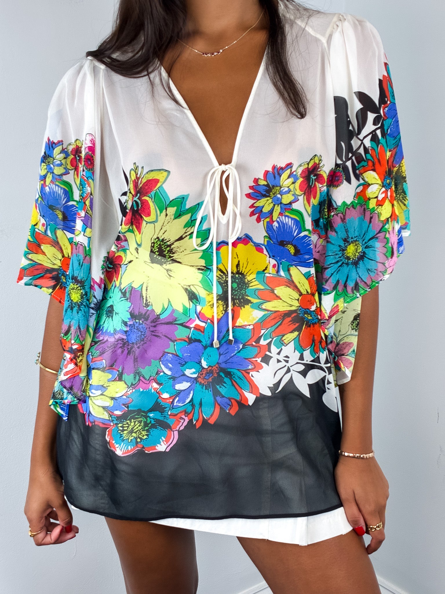 Roberto Cavalli 2010s Pop Floral Print Silk Kaftan Top - S/M