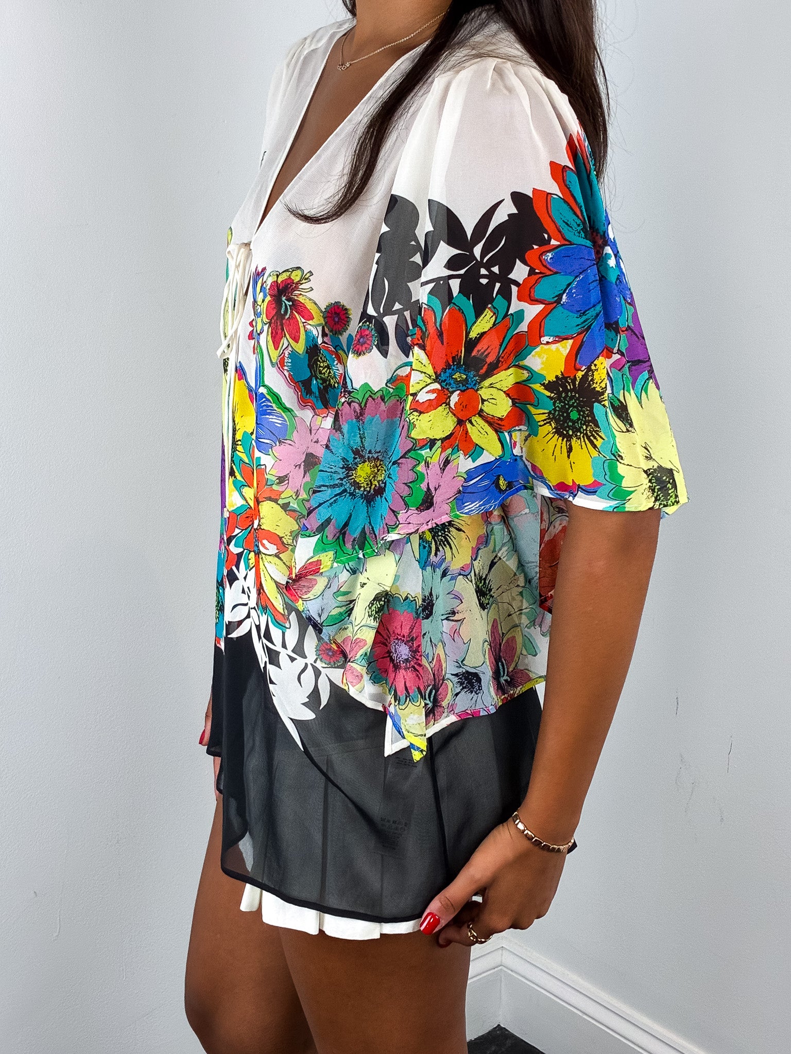 Roberto Cavalli 2010s Pop Floral Print Silk Kaftan Top - S/M
