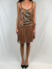 Derhy 2000s Tan Sequin Drop-Waist Mini Dress - M/L