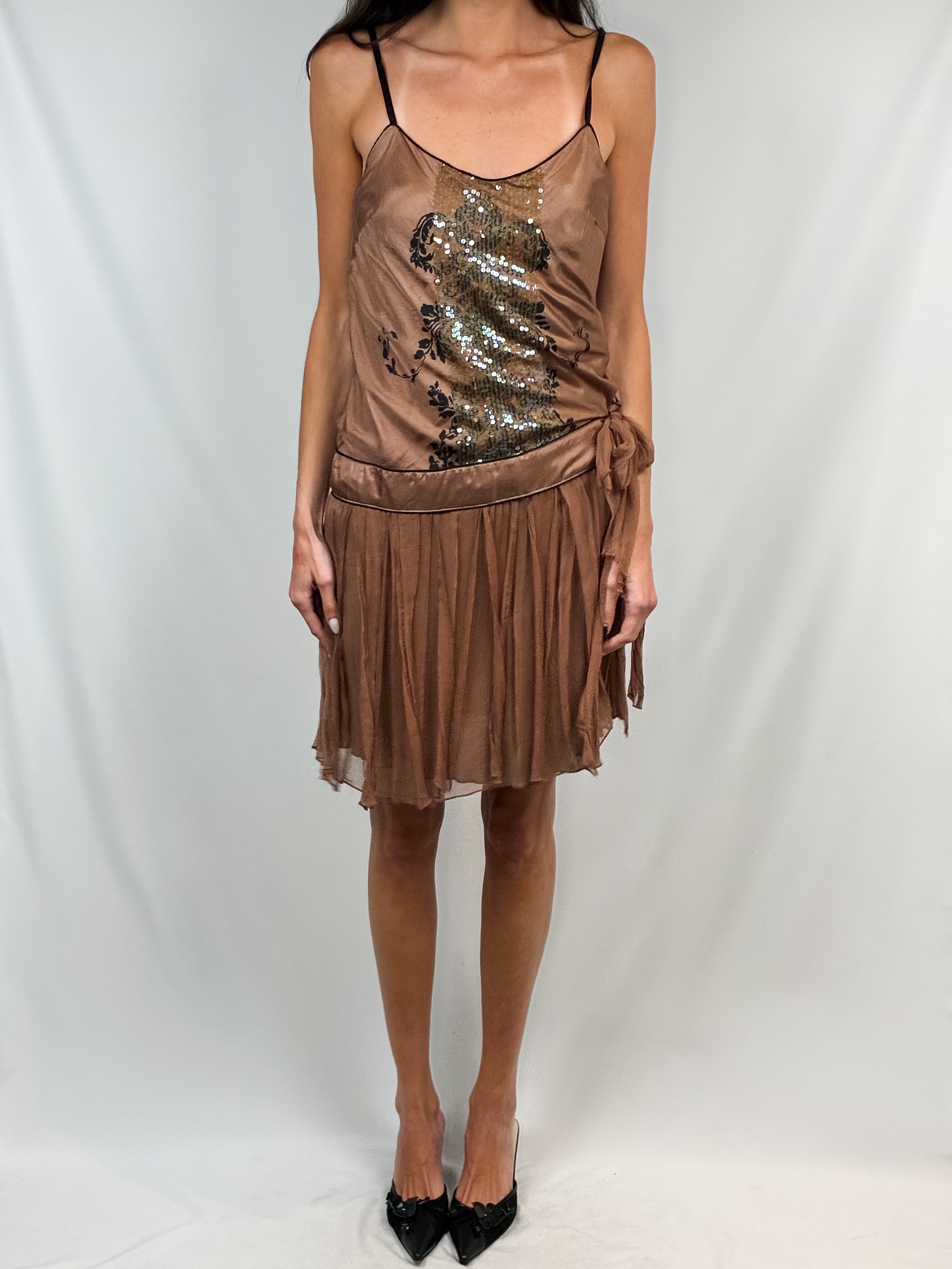 Derhy 2000s Tan Sequin Drop-Waist Mini Dress - M/L