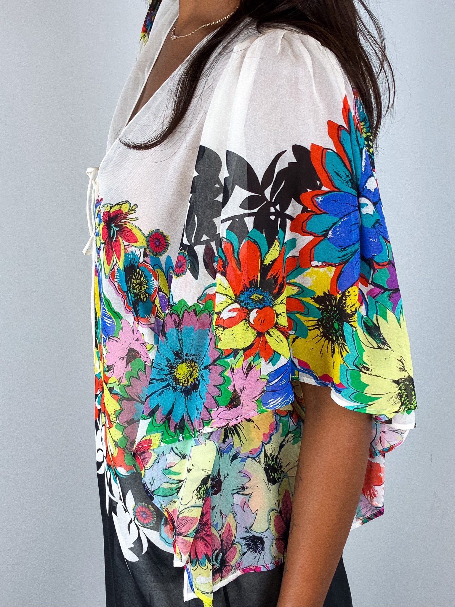 Roberto Cavalli 2010s Pop Floral Print Silk Kaftan Top - S/M
