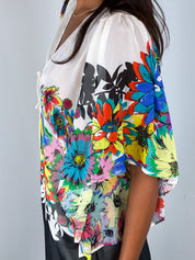 Roberto Cavalli 2010s Pop Floral Print Silk Kaftan Top - S/M