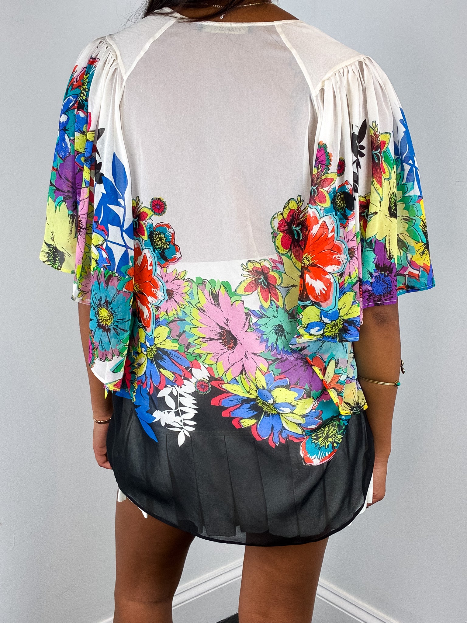 Roberto Cavalli 2010s Pop Floral Print Silk Kaftan Top - S/M