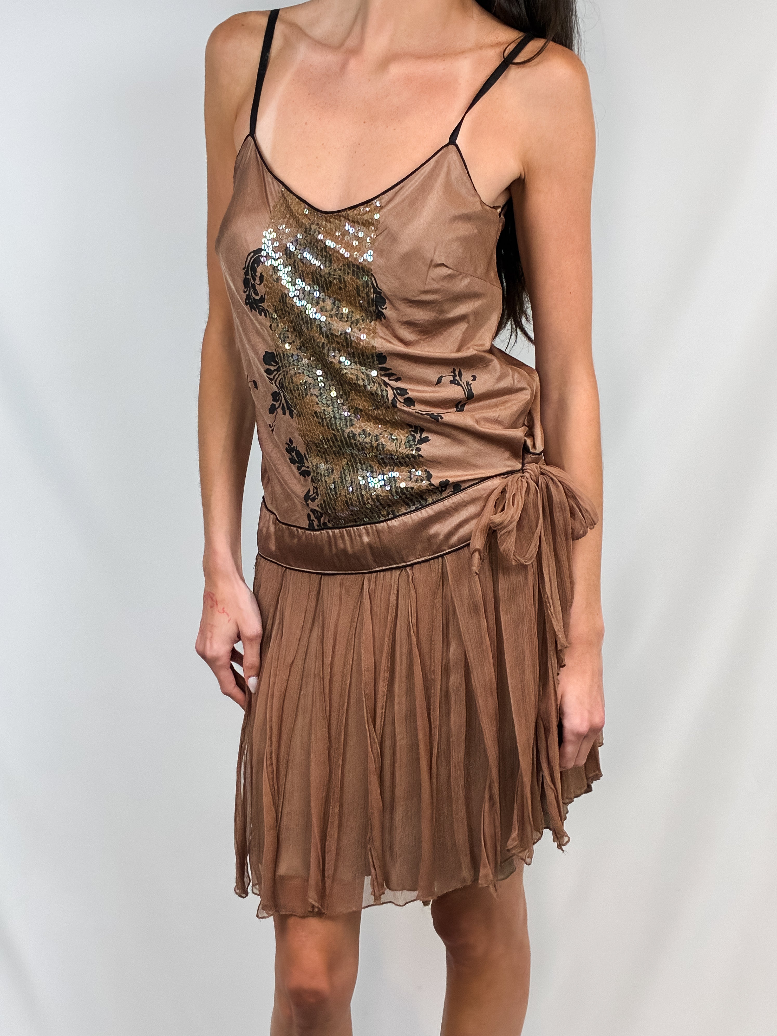 Derhy 2000s Tan Sequin Drop-Waist Mini Dress - M/L