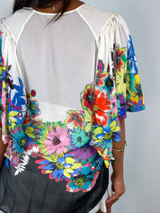 Roberto Cavalli 2010s Pop Floral Print Silk Kaftan Top - S/M