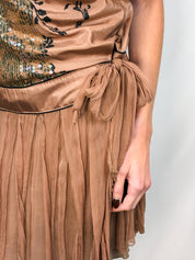Derhy 2000s Tan Sequin Drop-Waist Mini Dress - M/L
