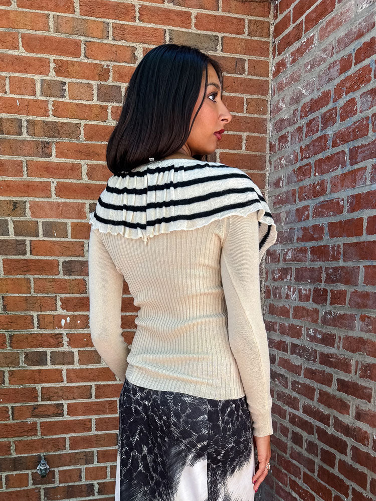 Jean Paul Gaultier Maille 1990s Virgin Wool Striped Ruffle Sweater