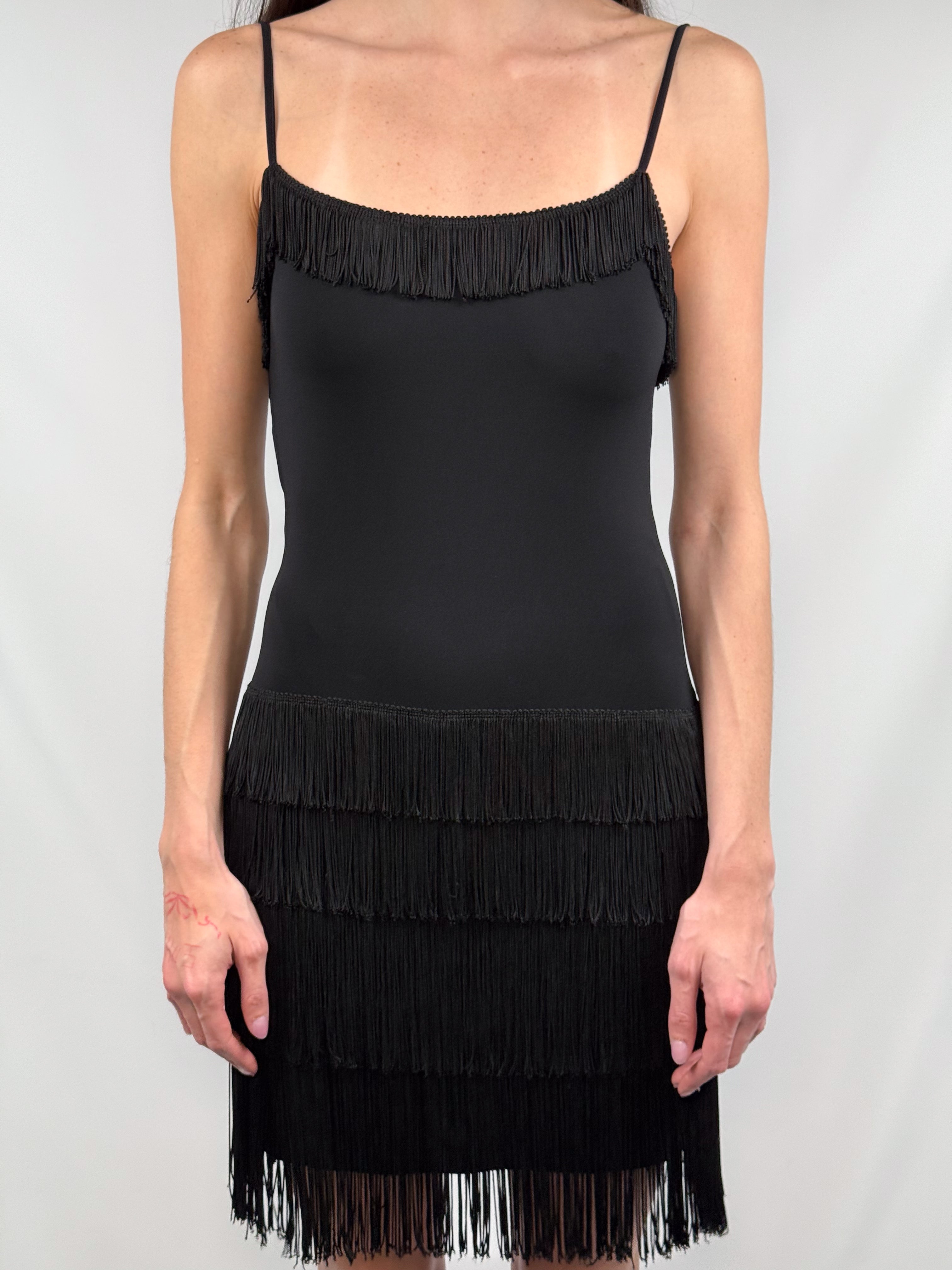 Moschino Jeans 1990s Black Tiered Fringe Mini Dress - S/M