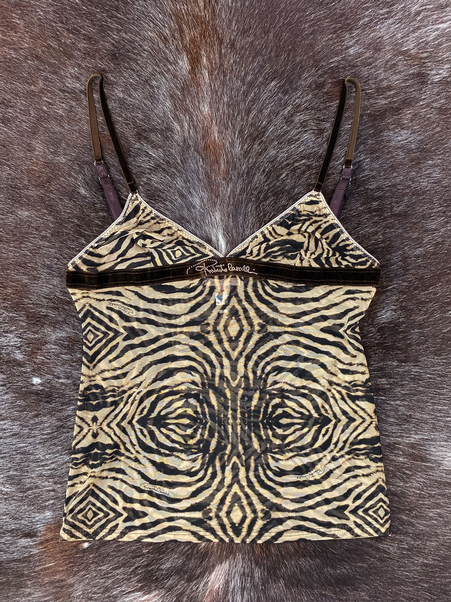 Roberto Cavalli 2000s Animal Print Mesh Cami with Velvet Detail