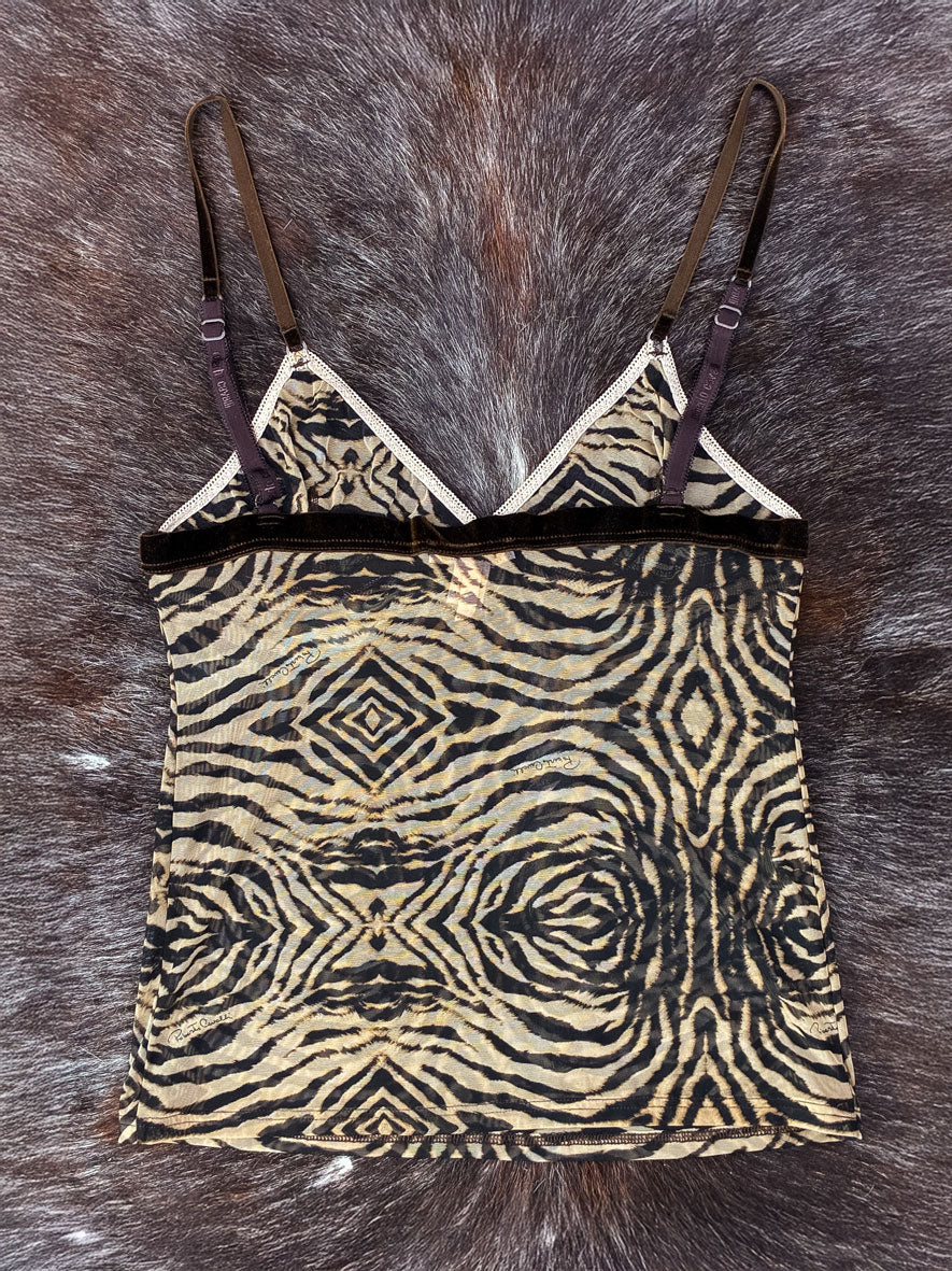 Roberto Cavalli 2000s Animal Print Mesh Cami with Velvet Detail