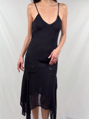 La Redoute Création 2000s Black Sequin-Trim Handkerchief Hem Maxi Slip Dress - S