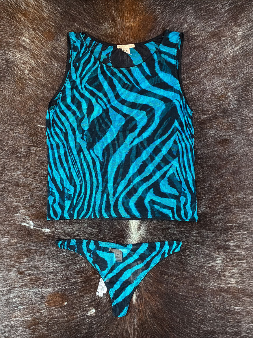Roberto Cavalli 2000s Blue Zebra Mesh Tank and Thong Set (NWT)