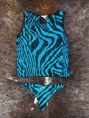 Roberto Cavalli 2000s Blue Zebra Mesh Tank and Thong Set (NWT)