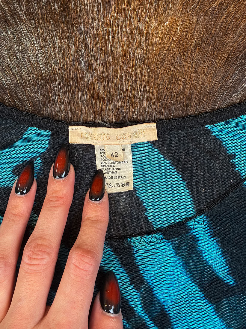 Roberto Cavalli 2000s Blue Zebra Mesh Tank and Thong Set (NWT)