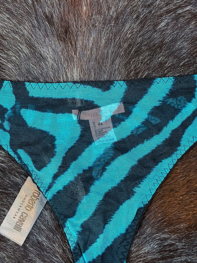 Roberto Cavalli 2000s Blue Zebra Mesh Tank and Thong Set (NWT)