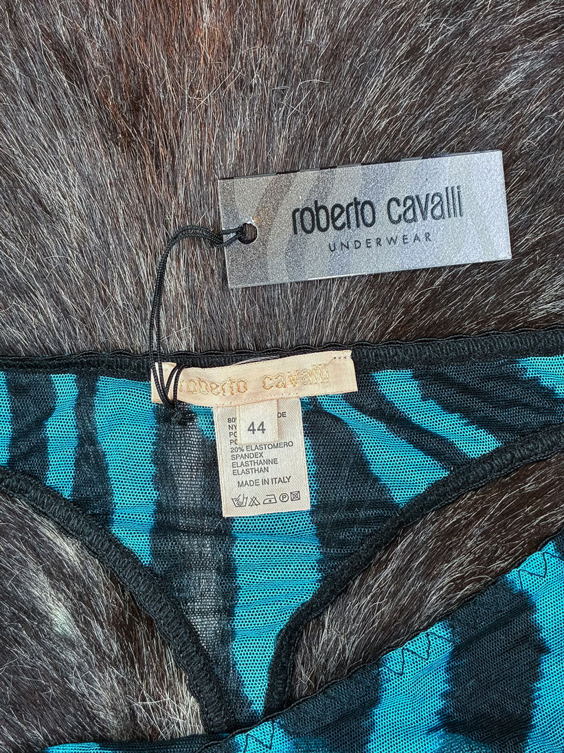 Roberto Cavalli 2000s Blue Zebra Mesh Tank and Thong Set (NWT)