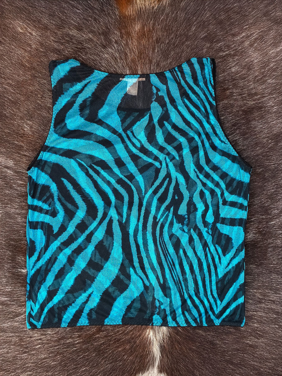 Roberto Cavalli 2000s Blue Zebra Mesh Tank and Thong Set (NWT)